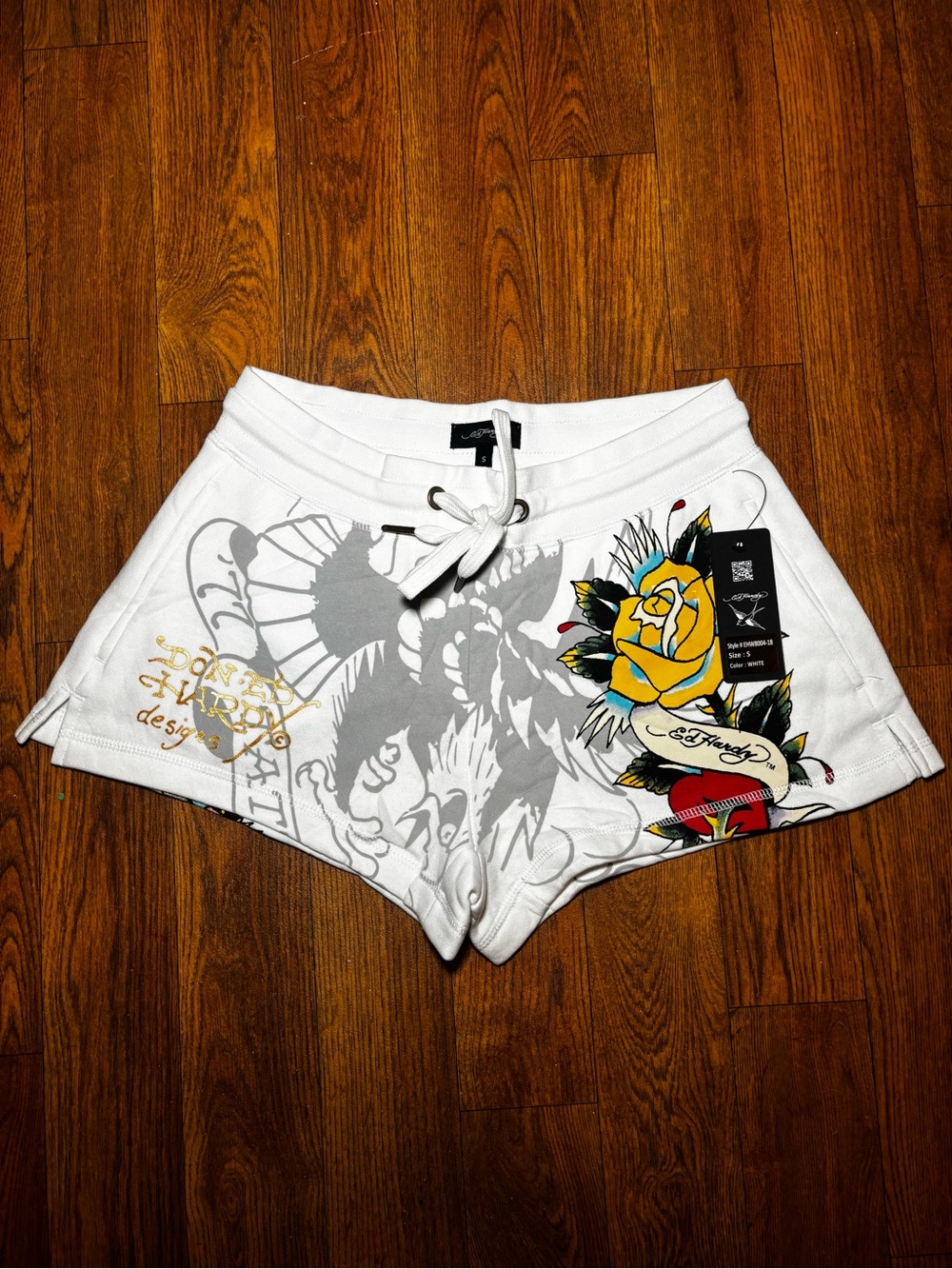 Ed Hardy White Athletic Shorts with Yellow Rose Graphic
